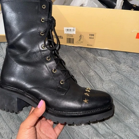 Michael Kors Black Combat Boots with Gold Accents - Picture 1 of 4